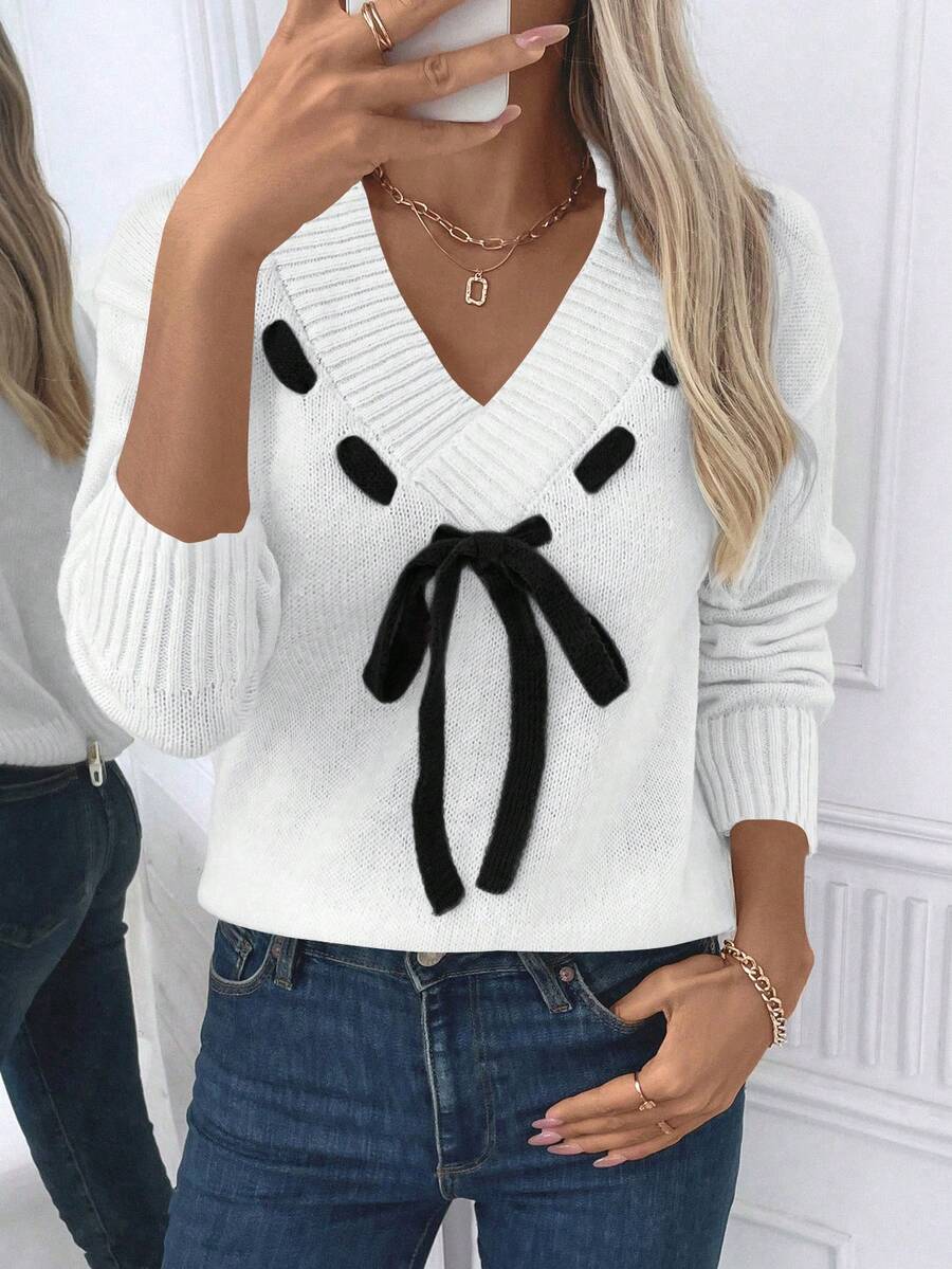 EMERY ROSE 女士休闲系带落肩毛衣，秋冬款 - 白色 - 查看 1