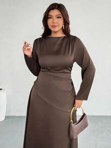 Firerie Plus Size Spring/Summer/Autumn/Winter New Elegant Casual Office Workwear Satin Asymmetric Ruched Waist Slim Long Sleeve Blouse + Regular Loose A-Line Maxi Skirt 2 Piece Set Plus Size Brown Satin Dress Curve Elegant Dress Brown Elegant Dress Women Plus Size Long Sleeve Dress Long Sleeve Elegant Dress