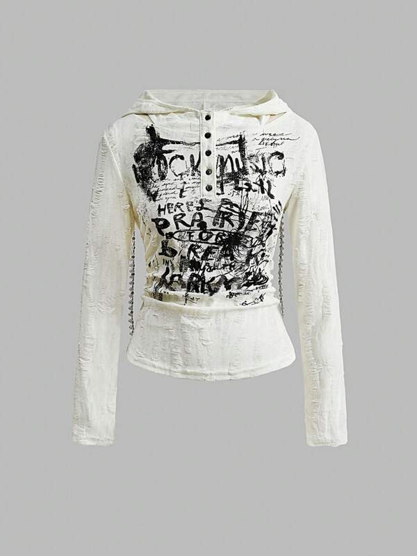 ROMWE Fairycore Punk Letter Print Hooded Long Sleeve T-Shirt Top For Women