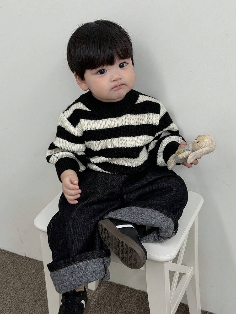 DAZY Áo len dệt kim cổ tròn kẻ sọc rộng rãi cho bé trai mới biết đi, mùa thu/đông - Đen và trắng - Xem 1