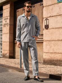 Manfinity VCAY Men's Casual Striped Button-Up Shirt Set - Black - View 3