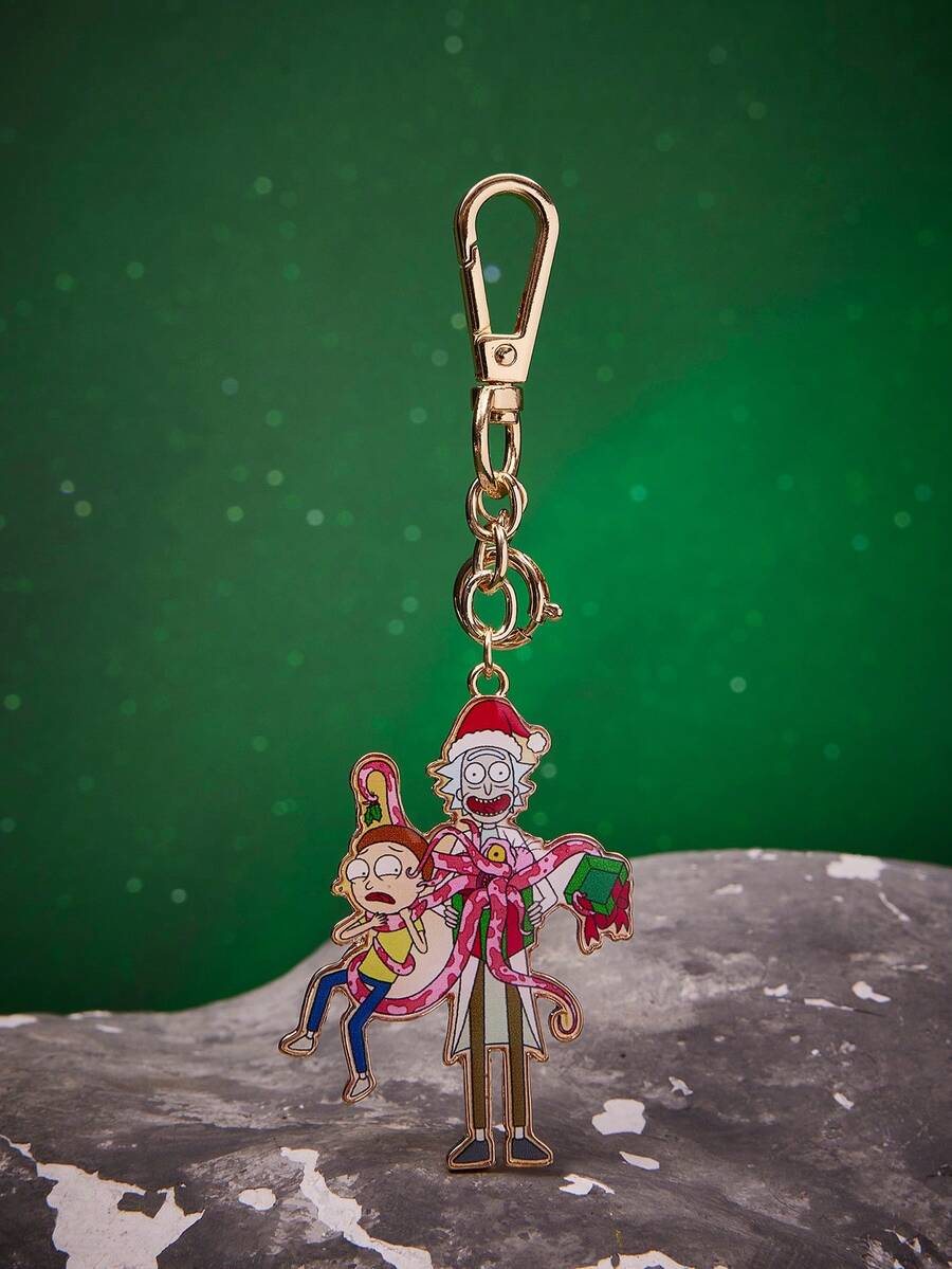 Rick and Morty X SHEIN Hot-Selling Zinc Alloy Drip Oil Cartoon Christmas Series Keychain, Luxurious Niche Couples Casual, Also Suitable For Bag Decoration, Suitable For Various Parties, Concerts, Festivals - Gold - View 1
