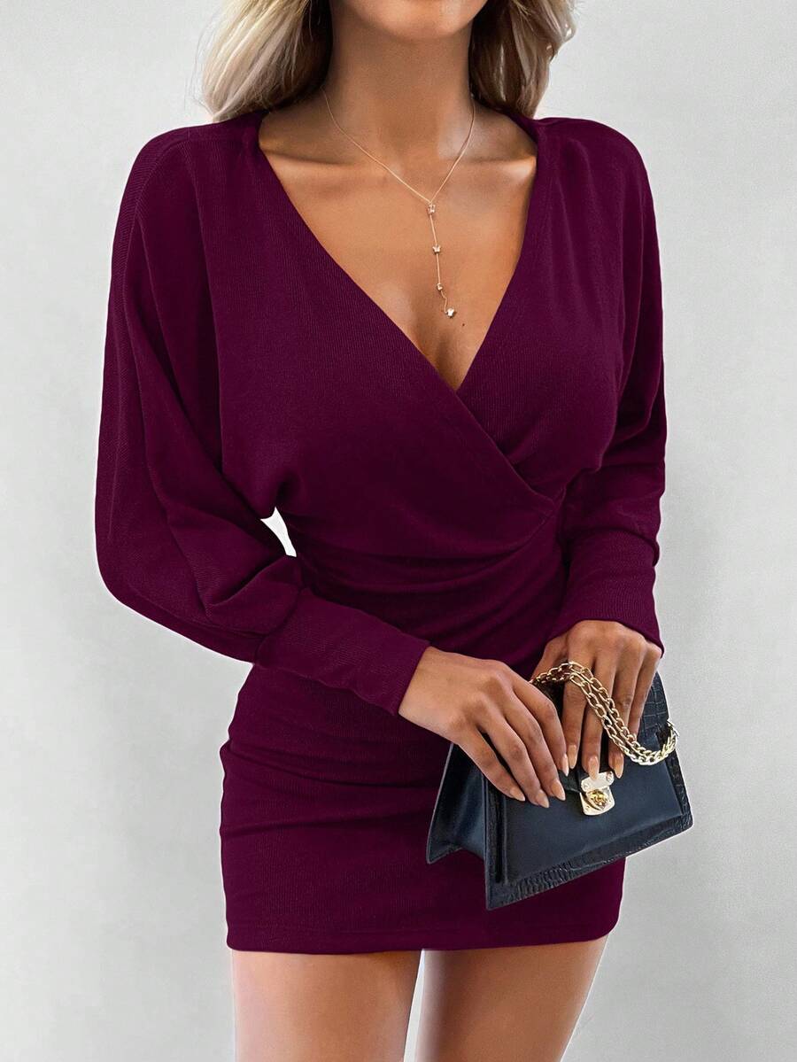 EURMUSE Vestido mini ajustado de unicolor con escote en V profundo y sexy - Burdeos - Ver 1