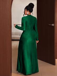 Maweii 大码女式纯色不对称领口扭结开衩性感优雅连衣裙，秋季 - 綠色 - 查看 2