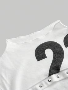 ROMWE Avant 女士复古性感先锋镂空数码Logo英文印花铆钉露脐上衣 - 白色 - 查看 10