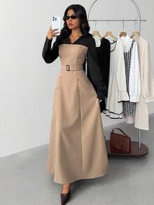 SHEIN Đầm ôm eo tay dài cổ bẻ màu tương phản họa tiết chắp vá thanh lịch cho bé gái tuổi teen - Nhiều màu - Xem 4