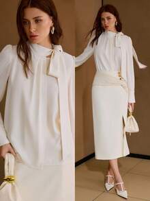 MOTF PREMIUM WOMEN'S SOLID COLOR TIE NECK LIGHTWEIGHT LONG SLEEVE BLOUSE, ELEGANT & VERSATILE - Apricot - View 7