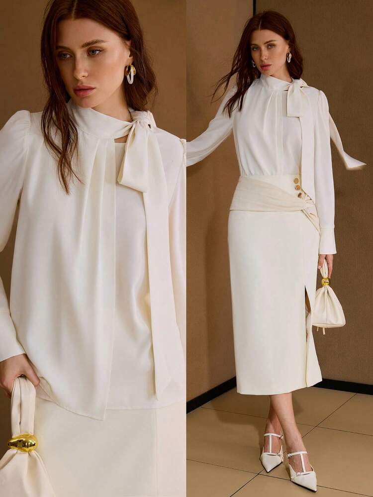 CHEMISIER FEMME À COL CRAVATE DE COULEUR UNIE, MANCHES LONGUES LÉGER, ÉLÉGANT ET POLYVALENT