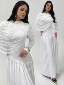 Firerie 女士纯色长袖褶皱不对称设计优雅连衣裙 - 白色 - 查看 2