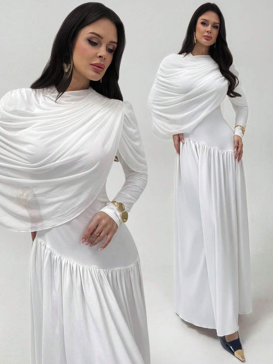 Firerie 女士纯色长袖褶皱不对称设计优雅连衣裙