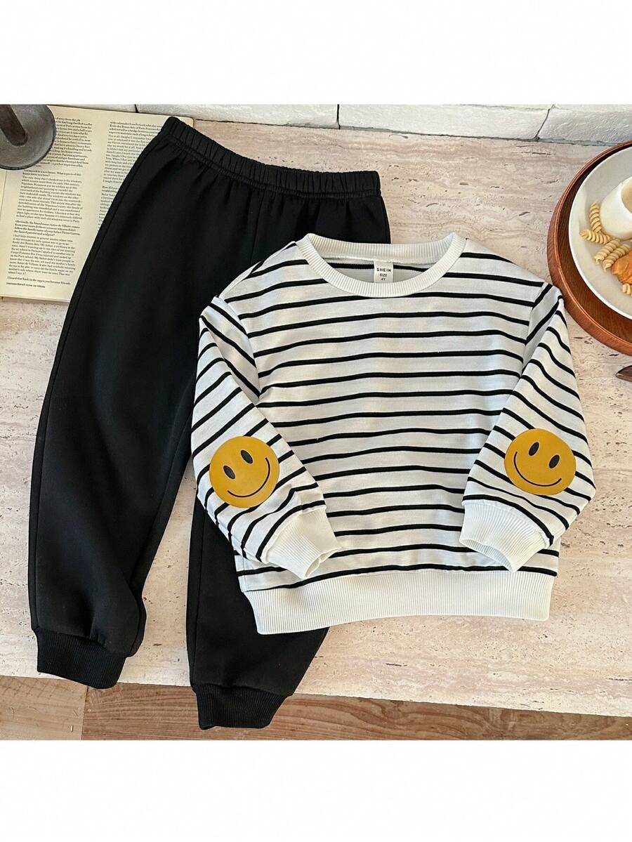 男童针织条纹圆领卫衣和裤子套装（2件套） - 黑與白 - 查看 1