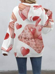 EMERY ROSE Women's Pink & Red Heart Print Hooded Sweatshirt - Valentine's Day Gift, With Pockets And Envelope Pocket Design, Suitable For Casual Dates, Travel And Daily Casual Wear - Multicolor - View 2