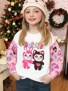 SHEIN 少女可爱动物图案针织休闲圆领卫衣 - 白色 - 查看 2