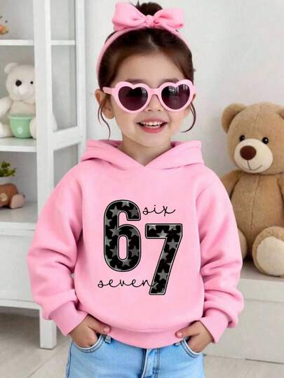 Unga flickor Casual Bekväm Mode Mångsidig Kreativ Rolig Siffra "67", Bokstav Och Pentagram Mönster Långärmad Tröja, Lämplig För Utomhussporter På Höst/Vinter