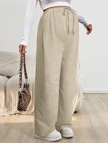 SHEIN Quần dài bà bầu màu trơn đơn giản có dây rút ở eo - Màu Khaki - Xem 4