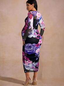 MaterniChic Váy bầu ôm sát họa tiết hoa thanh lịch khi đi làm - màu đen - Xem 2