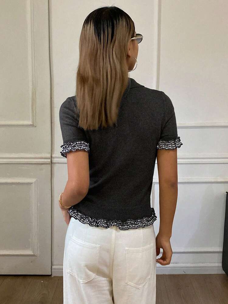 Women's Elegant Formal Patchwork Plaid Ruffle Trim Polo Collar Short Sleeve Knit Top, Suitable For Spring And Autumn
