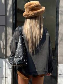 DAZY 女士宽松长袖翻领口袋休闲街头牛仔夹克，秋冬季Y2K - 灰色 - 查看 2