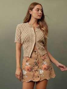 WESTFADE High Waist Scalloped Button Front 100% Cotton Denim Flower Print A Line Mini Jean Skirt Casual, Cute, Autumn, Winter, Boho, Western Wear For Women, Country Concert - Brown - View 5