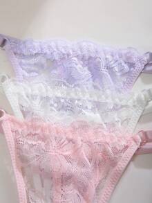 3pcs/Set Elegant Sexy Solid Color Lace Thong Panties - Multicolor - View 4