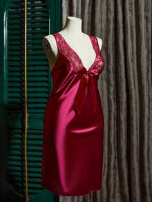 SilkySpell Plus Size Women's Wine Red Lace Patchwork Backless Sexy Criss-Cross Bow Decor Faux Silk Slip Dress - Burgundy - View 6
