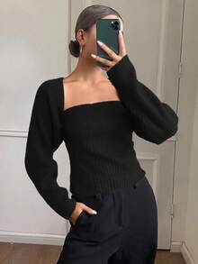 Livesso 女士休闲简约纯色抹胸针织衫和超短开衫两件套，秋冬款 - 黑色 - 查看 3