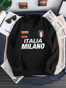 Manfinity Joysei Ink Night Black ITALIA MILANO Stand Collar Sweatshirt | Italian Flag Badge Half-Zip Top | Sleeve Letter Decorated Casual Pullover | #EuropeanStyle# Victory Badge Sports Item,Men's Letter Print Casual Versatile Long Sleeve Pullover Pullover Sweatshirt - Black - View 2