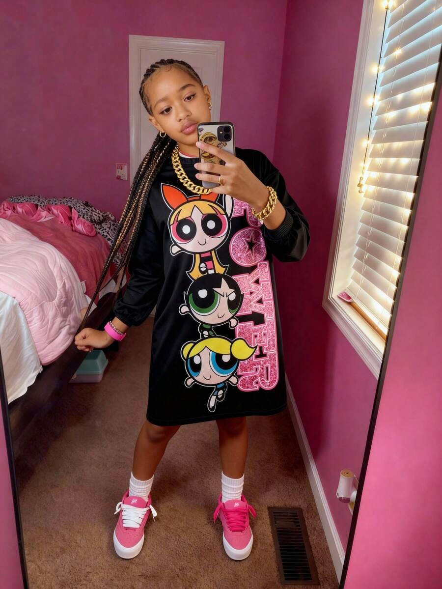 THE POWERPUFF GIRLS X SHEIN Váy nỉ dáng rộng cổ tròn hở vai họa tiết hoa và chữ lấp lánh, bong bóng, họa tiết hoa mao lương cho bé gái tuổi mới lớn, màu đen, thu/đông - màu đen - Xem 1