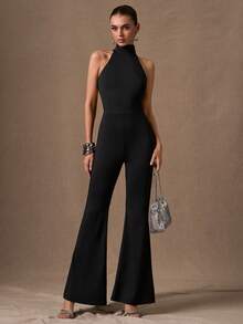 SHEIN BAE Bộ đồ liền thân ống loe cổ bẻ màu đen thanh lịch gợi cảm dành cho nữ, thích hợp mặc nhiều lớp vào mùa thu/đông, bộ đồ liền thân dệt kim gợi cảm, thích hợp để đi chơi, hẹn hò lãng mạn, tiệc tùng và tụ tập - màu đen - Xem 3