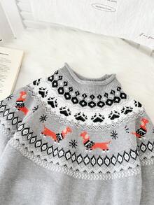 Genkimix Kids Tween Girls' Casual Dachshund & Geometric Pattern Sweater, Autumn/Winter - Grey - View 5