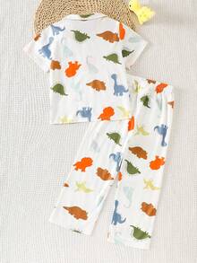 男童睡衣套装 - 两件套睡衣，短袖纽扣领上衣，长裤，恐龙印花，白色底，橙色、蓝色、绿色，可爱俏皮的夏季睡衣，弹性腰带，方便穿脱，2026年假日必备 - 白色 - 查看 2