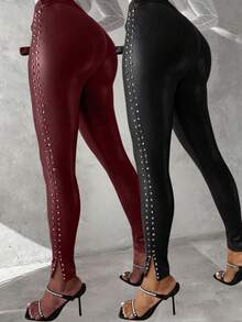 INAWLY Rivet Decor High Waist Slit Faux Leather Sexy Skinny Pants - Multicolor - View 2