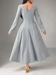 Heiryn Women's Elegant Solid Color Waist Cinched Mid-Length Dress, Suitable For Parties - Blue - View 3