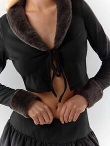 Glamine Women's Fashion Commuter Fur Collar Drawstring Cropped Jacket - Black - View 7