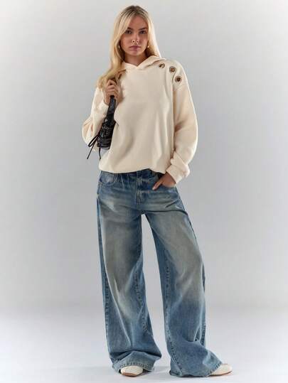 Glamine Fashionable Lady's Winter: Metallic-Embellished Beige Hooded Casual Sweatshirt