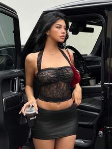 Aloruh Áo hai dây cổ yếm ren đen bán trong suốt quyến rũ, thanh lịch lãng mạn dành cho nữ, thích hợp cho tiệc tùng, hẹn hò, đăng bài trên mạng xã hội, mùa thu/đông - màu đen - Xem 7