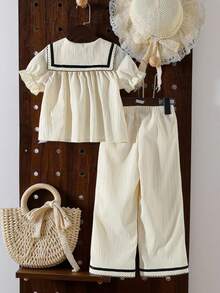 Elladie kids Young Girls Shirt Set - Top With Sweet Cute Contrast Collar, Elastic Cuff + Straight Leg Pants With Crinkle Texture Fabric, Casual Style Suitable For Summer Girls Spring Autumn Suit Girl Two Piece Pants Set Girls Clothes Sets Shirt Pants Collar Shirt Pants Set