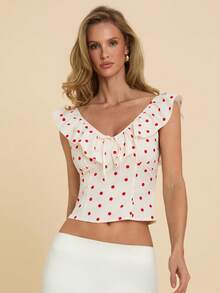 COSMINA 女士优雅荷叶边V领波点衬衫，适合约会、派对等各种场合，四季皆宜，波点上衣，系带上衣，荷叶边上衣，女士上衣，蝴蝶结装饰上衣 - 紅白色 - 查看 5