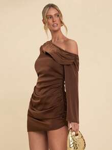 COSMINA Váy ngắn vai bất đối xứng nhún bèo dành cho nữ, váy dự tiệc dài tay màu nâu/cà phê trơn gợi cảm, thích hợp cho tiệc cocktail, buổi hẹn hò lãng mạn, tụ họp, sự kiện trang trọng, phù dâu, hộp đêm, Halloween, Giáng sinh và các dịp khác, sự lựa chọn lý tưởng cho váy dự tiệc dành cho nữ - màu nâu - Xem 3