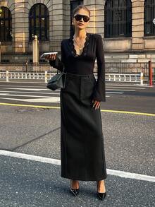 Livesso 女士休闲纯色直筒长裙，秋冬款 - 黑色 - 查看 6