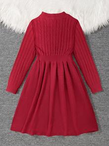 SHEIN 少女优雅圆领修身针织中长连衣裙，正面饰有撞色蝴蝶结，适合冬季穿着；纯红色长袖针织连衣裙 - 紅色 - 查看 2