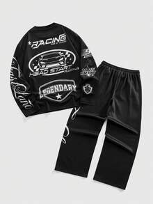 ROMWE MEN Street Life Men's Digital Character & Motorcycle Graphic Long Sleeve T-Shirt And Pants Set - Black and White - View 2