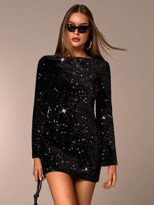 Avantive Women's Black Winter 70's Night Out Party Disco Sequin Mini Dress,Backless Open Back A-Line Bodycon Fitted Y2k Dress,Western Country Concert Outfit - Black - View 8