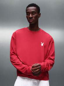 PLAYBOY X SUMWON Men's Boxy Fit Long Sleeve Crew Neck T-Shirt With Access Granted Print Collaboration Statement Top - Red - View 2