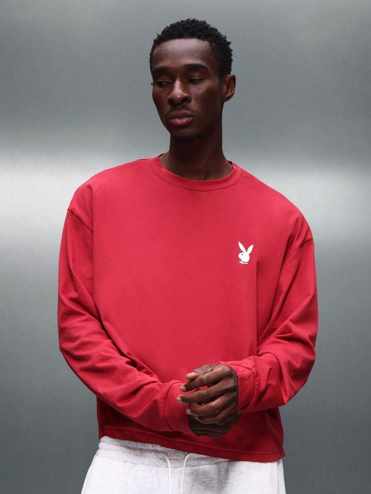 PLAYBOY X SUMWON T-shirt col rond à manches longues coupe ample pour hommes avec imprimé déclaration de collaboration "Access Granted"