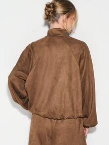 KIZN Women Suede Funnel Neck Zip Up Track Jacket With Elastic Waistband Fall Winter Outerwear - Brown - View 2