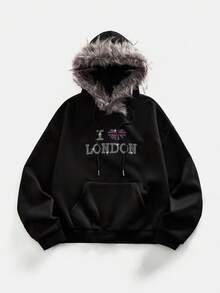 ROMWE MEN Street Life Men's Plush Rhinestone Embellished Hoodie - Black - View 1
