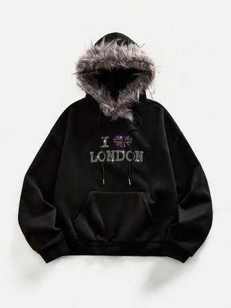 Street Life Herren Plüsch Hoodie mit Strass Verzierung