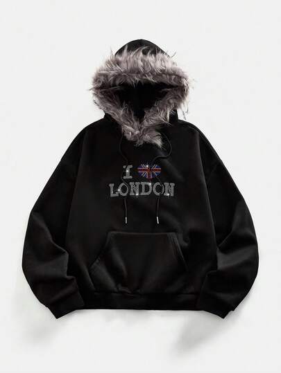 Street Life Sudadera con capucha de hombre con adornos de strass de peluche