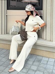 Muchica Women's Knight Pattern Round Neck Short Sleeve Knitted Top And Long Pants Set - Apricot - View 7